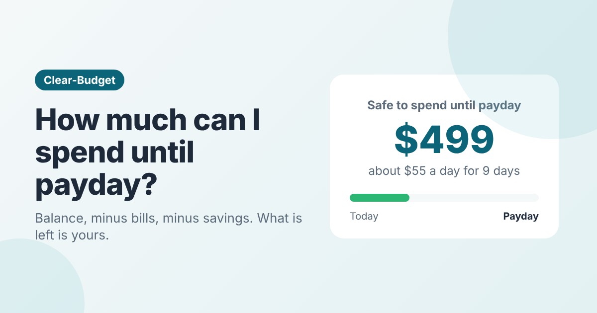 Card showing $499 safe to spend until payday, about $55 a day for 9 days, with a progress bar from today to payday