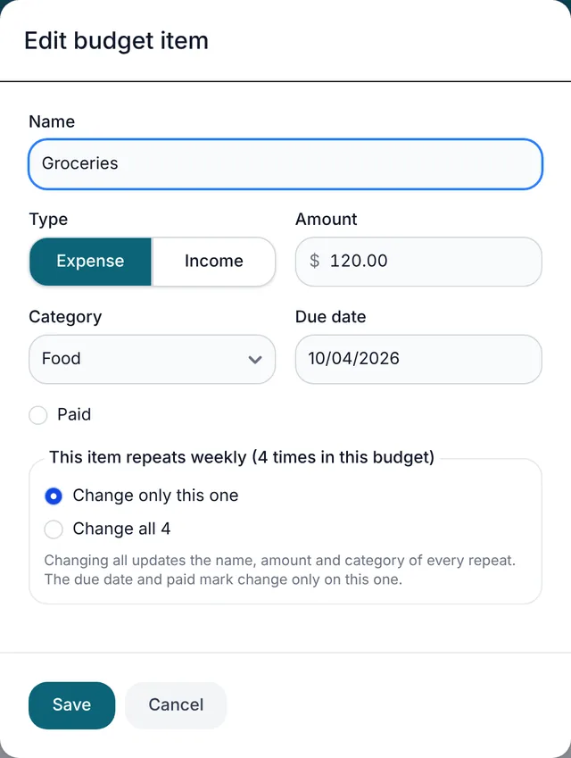 The edit window for a weekly grocery bill with the option to change all four repeats