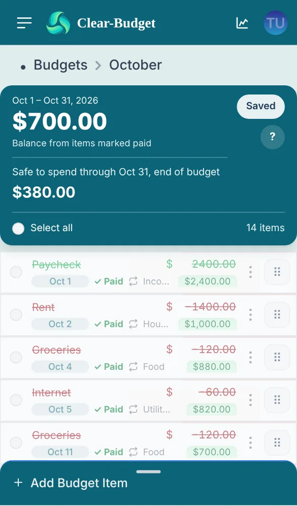 The Clear-Budget budget planner on a phone, showing the balance, the amount safe to spend, and paychecks and bills by date